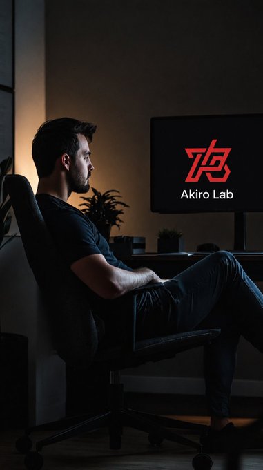 A man sits in a dark office chair facing a computer monitor displaying the 'Akiro Lab' logo in red and white.