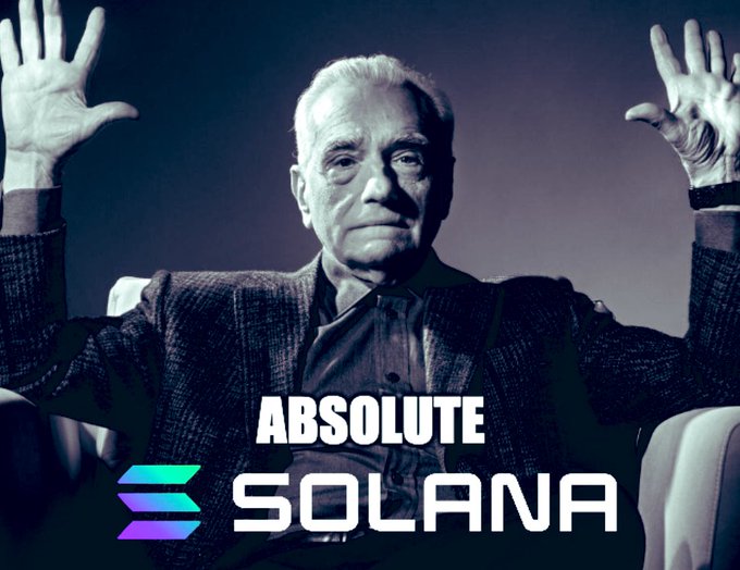An elderly man with his hands raised, overlaid with the text 'ABSOLUTE SOLANA' and the Solana logo.