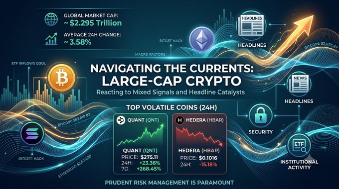 An infographic titled 'NAVIGATING THE CURRENTS: LARGE-CAP CRYPTO' showing global market cap of ~$2.295 Trillion and 3.58% average 24h change, highlighting top volatile coins Quant (QNT) at $275.11 (+23.36%, +268.43% 7D) and Hedera (HBAR) at $0.1016 (-15.18%).