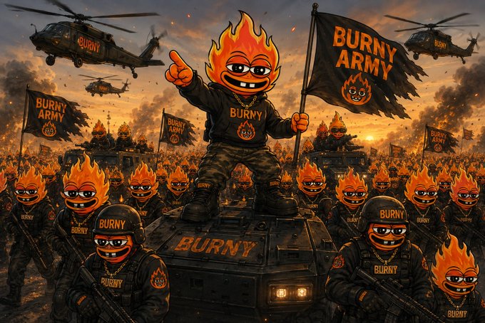 A stylized illustration depicting an army of flame-headed 'Burny' characters, with their leader standing atop a tank and waving a 'Burny Army' flag amid helicopters and tanks.