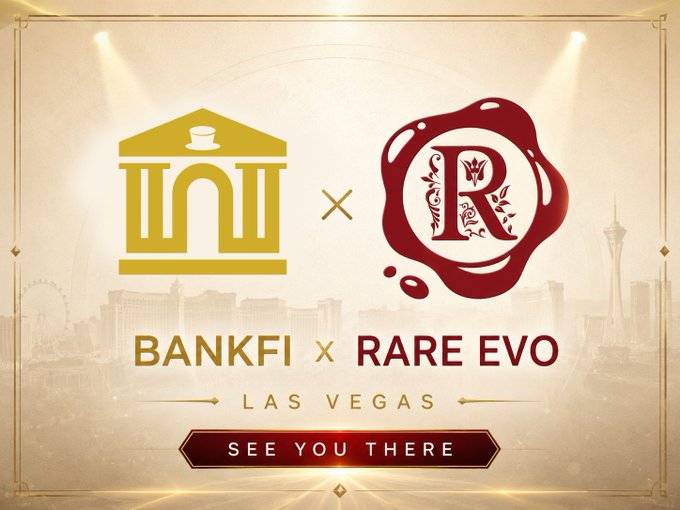 Promotional graphic for the 'BANKFI × RARE EVO' event in Las Vegas, featuring logos for both organizations (a golden bank/building icon for Bankfi and a maroon wax seal with 'R' for Rare Evo), Las Vegas skyline background, and a 'SEE YOU THERE' call-to-action button.