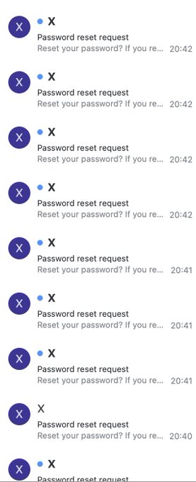 A notification log shows ten consecutive "Password reset request" alerts from an "X" (likely Twitter) account, all clustered within a two-minute window (20:40–20:42), illustrating the sudden barrage of suspicious password reset emails described in the post praising Binance's scam awareness campaign.