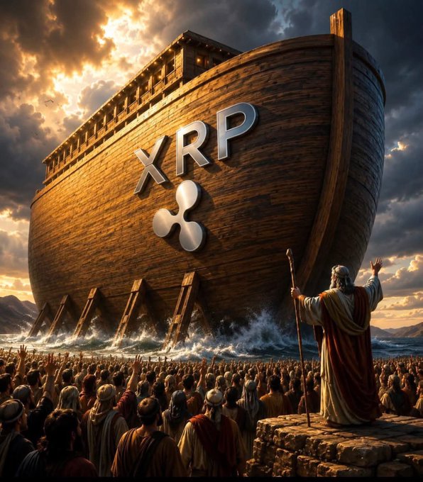 A massive wooden ark emblazoned with the "XRP" logo and Ripple symbol sails through turbulent seas, while a robed, bearded figure holding a staff stands on a rocky outcrop addressing a gathered crowd below. The image allegorically reinforces the post's message about steadfast conviction during uncertain times, comparing holding XRP through volatility to Noah's unwavering faith as he built the ark before the flood—rewarding those who held on with miraculous preservation.