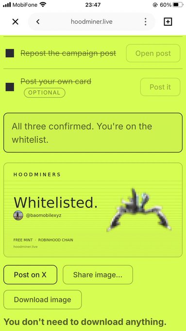 A mobile screenshot from the website 'hoodminer.live' displays a neon-green confirmation page stating 'All three confirmed. You're on the whitelist' and 'Whitelisted. FREE MINT - ROBINHOOD CHAIN'.