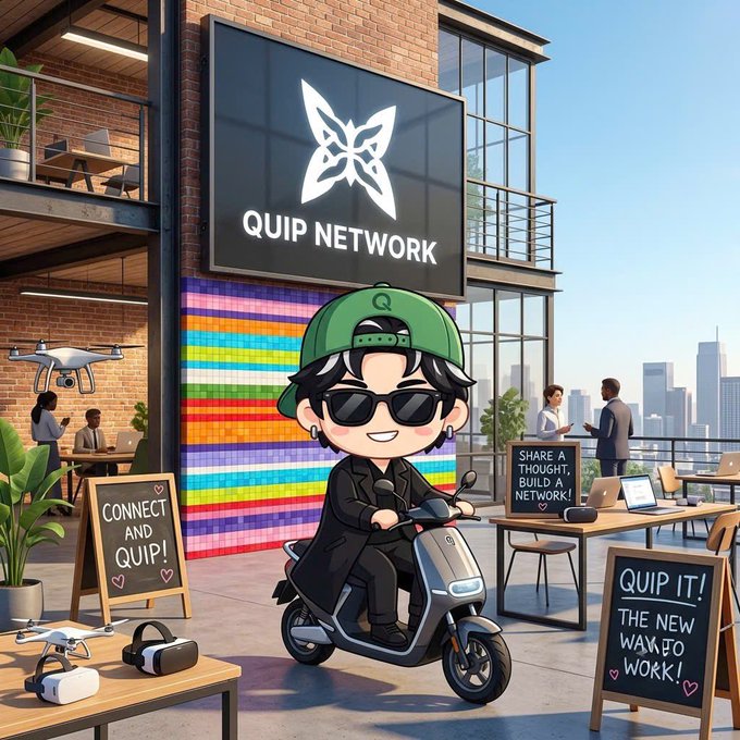 An animated illustration depicts a chibi-style character wearing sunglasses, a green Quip Network cap, and black outfit, riding a scooter in front of a building displaying the 'QUIP NETWORK' logo and signs reading 'CONNECT AND QUIP!' and 'QUIP IT! THE NEW WAY TO WORK!'.