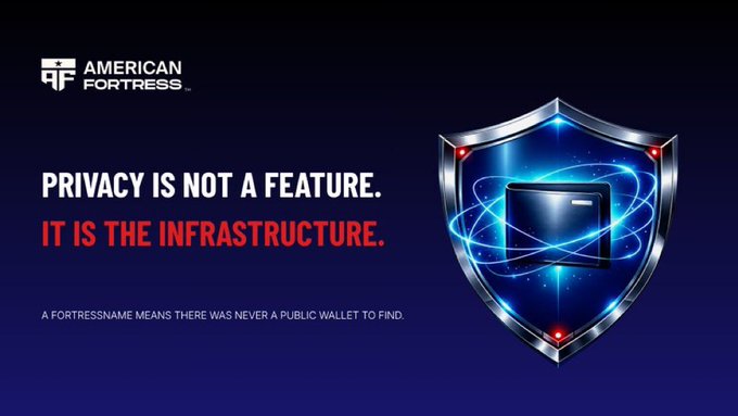 An American Fortress advertisement stating 'PRIVACY IS NOT A FEATURE. IT IS THE INFRASTRUCTURE' with a shield graphic and the tagline 'A FORTRESSNAME MEANS THERE WAS NEVER A PUBLIC WALLET TO FIND.'