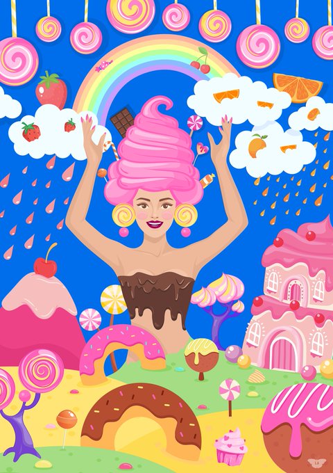 A whimsical digital illustration features a woman with pink frosting-like hair and a chocolate dress amid a vibrant candy landscape filled with lollipops, a rainbow, a gingerbread house, and rain made of orange juice and strawberries, capturing the playful, sweet aesthetic that complements a cheerful #TezosTuesday NFT post on Objkt.