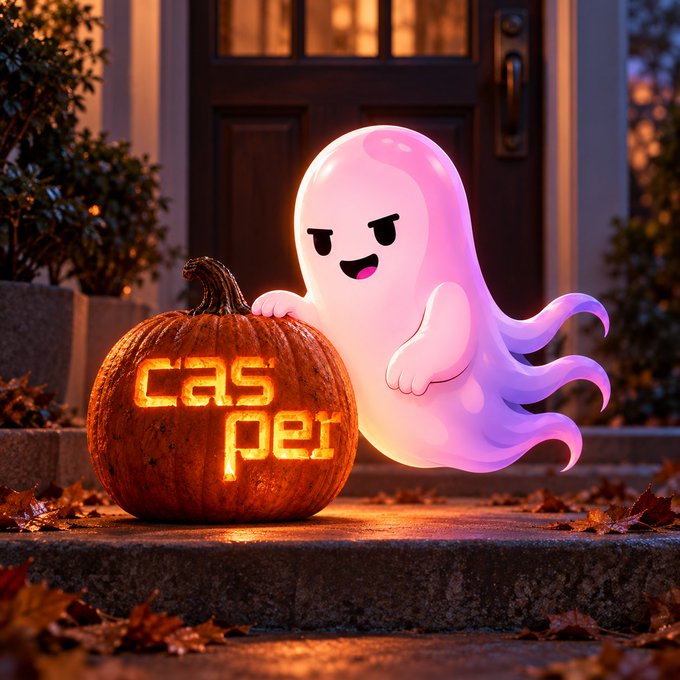 A cute pink ghost with a mischievous grin poses beside a glowing jack-o'-lantern carved with "casper" on a leaf-strewn porch, capturing the playful Halloween spirit perfectly. The image brings the "spooky szn" caption to life with its friendly take on a classic Halloween mascot.