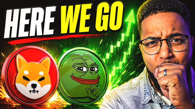 A vibrant YouTube thumbnail with the text 'HERE WE GO' features a man in glasses looking thoughtfully at the camera. Beside him are large 3D coin graphics of a Shiba Inu (Shiba) and a green Pepe the Frog meme coin, with a green candlestick chart and upward arrow in the background.