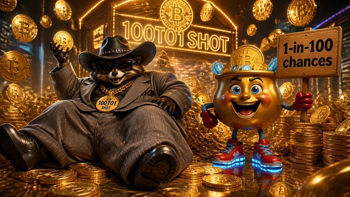 The image features two cartoon characters, one wearing a cowboy hat and the other dressed as a goldfish, sitting among piles of gold coins. The text above them reads "1-in-100 chances at the Bitcoin Bonanza. Max 100 entries! Link in bio. T&Cs apply. #BTC #FairPlay 18+. T&Cs apply." This suggests that there is an ongoing competition or challenge related to Bitcoin and the characters are participating, possibly for a chance to win a large sum of money.