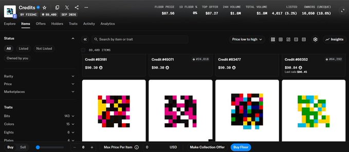 A screenshot of a NFT marketplace interface showing pixelated art collectibles for sale, with various items listed in ETH and USD prices.