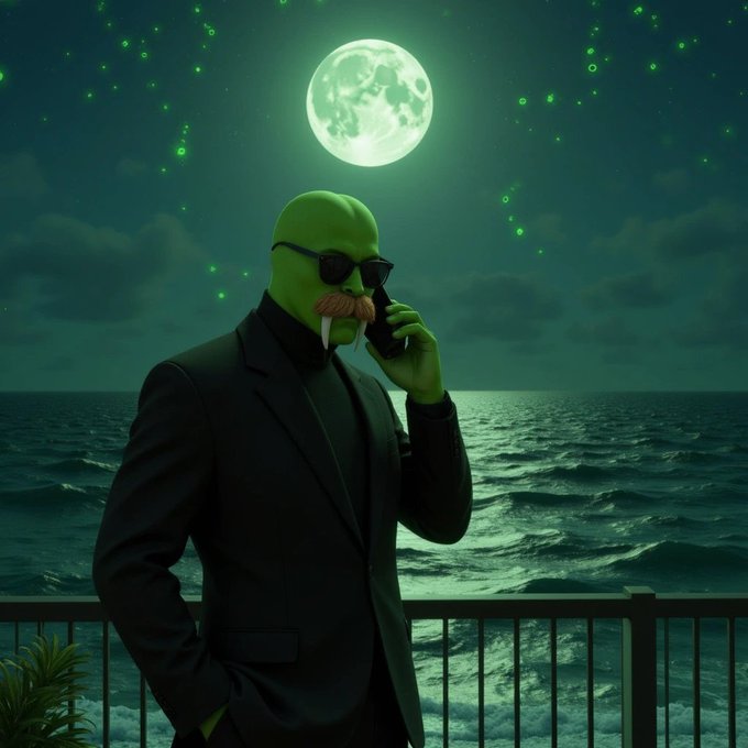 A green-skinned figure wearing a black suit and sunglasses talks on a phone against a backdrop of a full moon, starry sky, and ocean waves.