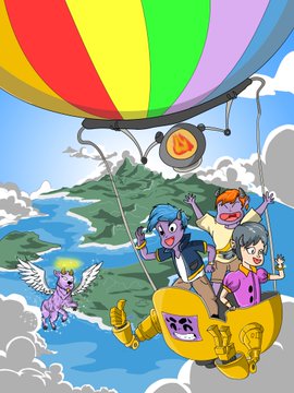 A colorful cartoon illustration of characters riding in a hot air balloon with a rainbow-striped canopy, accompanied by a winged griffin-like creature flying beside them over a landscape with mountains and water.