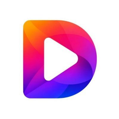 A stylized 'D' logo app icon with a white play button in the center, rendered in vibrant pink, orange, and purple gradients.