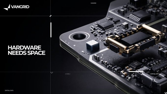 A sleek product design slide for "VANGRID" featuring the tagline "HARDWARE NEEDS SPACE" alongside a detailed 3D render of a high-tech circuit board.
