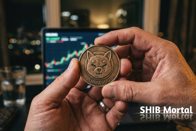 A pair of hands holds a bronze Shiba Inu coin engraved with "SHIBA INU," with a laptop displaying a green candlestick chart in the background and the text "SHIB Mortal" in the corner—visually reinforcing the post's message of Shiba Inu ($SHIB) enduring repeated 80-90% drawdowns and market cycles as a long-term community project.