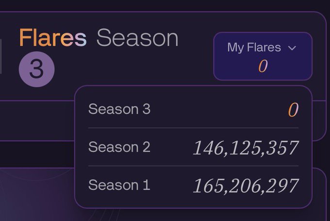 A dropdown menu showing "My Flares" with Season 3 at 0, Season 2 at 146,125,357, and Season 1 at 165,206,297.