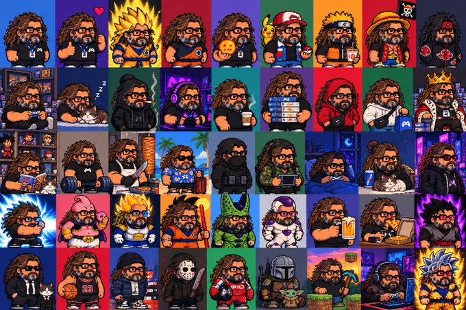 A colorful grid of pixel-art illustrations shows a bearded, curly-haired character in various costumes, activities, and settings.