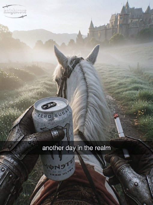 A digitally edited image in first-person view showing armored hands holding a "Monster Zero Sugar" energy can and a cigarette, riding a white horse toward a misty castle, captioned "another day in the realm" with a "SWORDGLOVE" watermark.