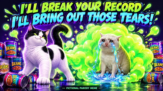 A fictional parody meme featuring a black and white cat next to canned 'BEANS' and a crying white cat surrounded by green gas, with the text 'I'LL BREAK YOUR RECORD I'LL BRING OUT THOSE TEARS!' and 'FICTIONAL PARODY MEME'.