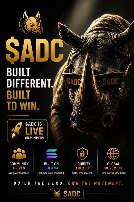 Promotional graphic for the $ADC cryptocurrency token, featuring a rhino wearing sunglasses and the tagline 'Built Different. Built to Win.' with highlights like 'Live on Pump.fun' and 'Built on Solana'.