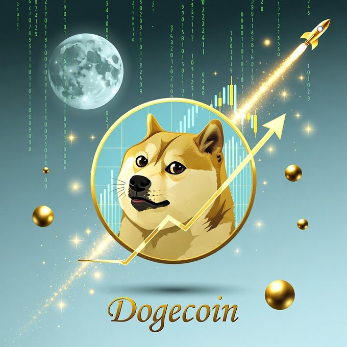 A graphic illustration promotes 'Dogecoin' with the Shiba Inu dog at the center, accompanied by an upward-pointing arrow, golden coins, a rocket, a moon, and binary code in the background.