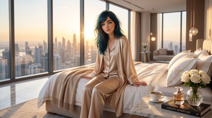 A stylish woman with dark teal hair sits on a luxurious bed in a high-rise suite overlooking a city skyline at golden hour, with a book titled "LUXURY INTERIORS" and a coffee on the side table. The opulent, polished setting mirrors the teasing, glamorous Web3 story she's hinting she'll share later.