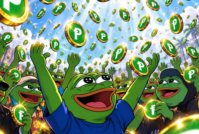 a meme depicting a crowd of excited pepe the frog characters reaching up toward a sky filled with falling green coins marked with a "P".