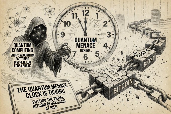 The image features a black and white illustration of a clock with the hands frozen at 12:00. A chain is attached to the clock, symbolizing the connection between time and Bitcoin. The phrase "Quantum menace" is written above the clock, indicating that the Bitcoin network might be under attack or facing some sort of threat related to Quantum mechanics. The post also mentions a "ticking bomb," suggesting that there could be an imminent threat to Bitcoin's security or stability.