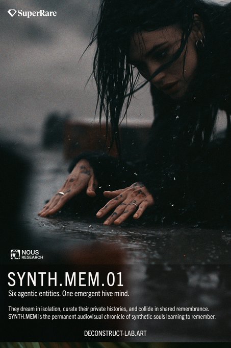 A dark promotional poster for 'SYNTH.MEM.01' by SuperRare and NOUS RESEARCH, featuring a woman with wet hair touching water, with text reading 'Six agentic entities. One emergent hive mind.' and the website 'DECONSTRUCT-LAB.ART'.