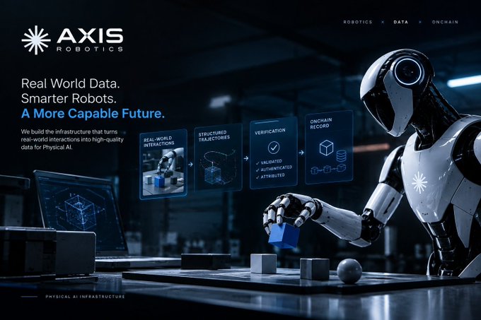 A promotional graphic for "AXIS ROBOTICS" featuring a humanoid robot manipulating blocks, with the tagline "Real World Data. Smarter Robots. A More Capable Future."