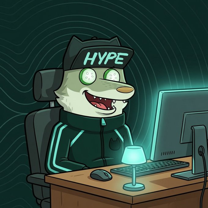 A cartoon illustration of a wolf-like character wearing a black cap labeled "HYPE" and a tracksuit, sitting at a desk with a glowing lamp and computer monitors displaying green light.