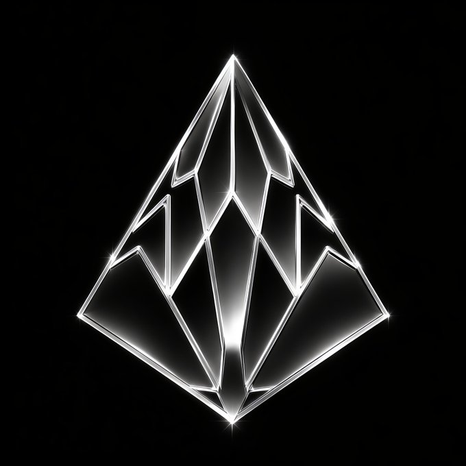 A glowing, chrome-like crystalline geometric logo in the shape of a stylized octahedron or diamond on a black background.