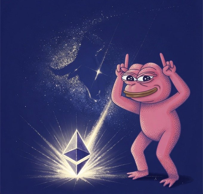 A pink Pepe the Frog character celebrates enthusiastically next to a glowing Ethereum logo, with a bull constellation in the starry sky above, representing the bullish momentum of the '$PORK' token mentioned in 'Pond0x.com'.