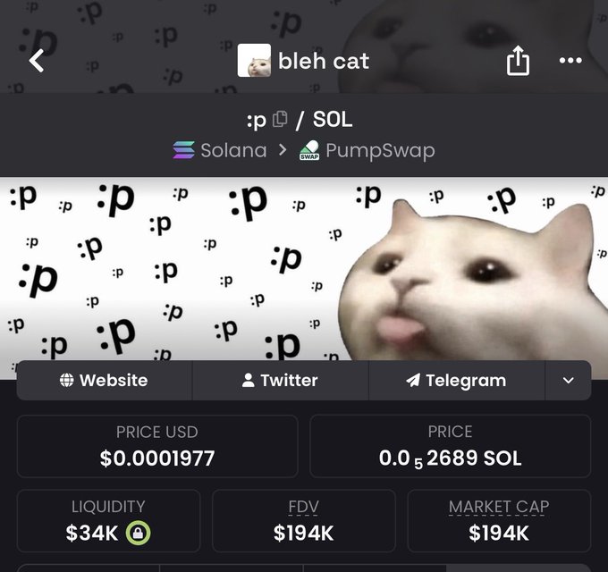 A trading interface displays the "bleh cat" meme token on the Solana blockchain via PumpSwap, showing a price of $0.0001977 with a market cap of $194K. The image relates to the post by showcasing the early-stage token data, with the poster claiming it's an early entry opportunity targeting a 30 million market cap.
