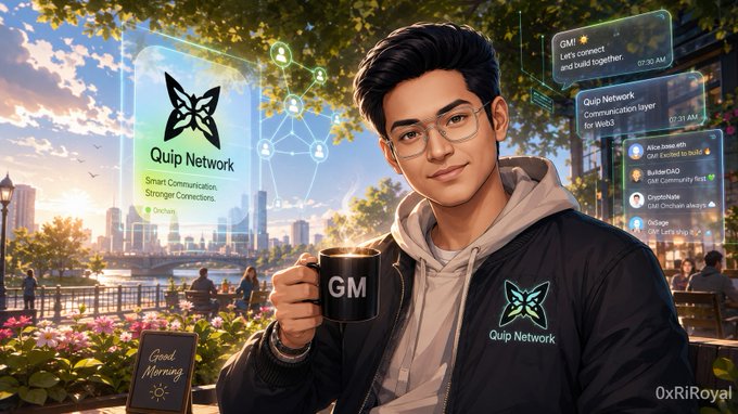 A digital illustration of a young man with glasses holding a black 'GM' coffee mug, wearing a Quip Network branded jacket, with floating UI panels displaying 'Quip Network - Smart Communication, Stronger Connections' and 'GM Let's connect and build together' against a city park background.