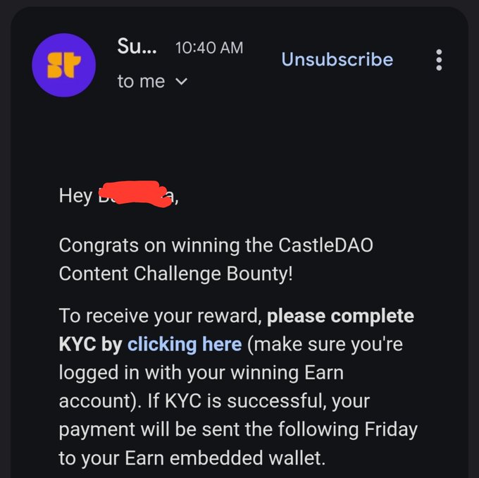 Screenshot of an email from a sender beginning with 'Su...' congratulating the recipient on winning a CastleDAO Content Challenge Bounty and requesting KYC completion by clicking a link.