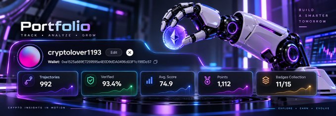A crypto portfolio dashboard banner displaying the username 'cryptolover1193' with metrics: 992 Trajectories, 93.4% Verified, 74.9 Avg Score, 1,112 Points, and 11/15 Badge Collection, featuring a robotic hand holding an Ethereum coin.