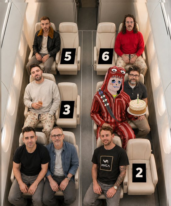 Six men seated in airplane seats arranged in pairs, with numbered placards (2, 3, 5, 6) and one wearing a red lobster costume holding a birthday cake; one person wears a black shirt with the 'RVCA' logo.