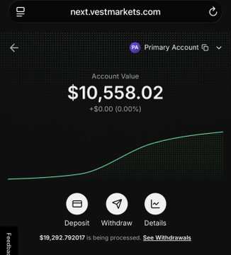 A screenshot of the next.vestmarkets.com trading platform displays a Primary Account with a value of $10,558.02 and a pending withdrawal of $19,292.792017, visually reinforcing the post's claim of a $10,500 daily payout. The "Withdraw" button is prominently displayed, supporting the advertised earnings narrative tied to the "8020GANG" referral code.