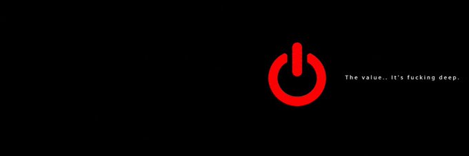 A red power symbol appears on a black background alongside the white text "The value.. it's fucking deep." This banner references the iconic $DFV (DeepFuckingValue) meme, with the power button symbolizing the "on" state of value, tying into the Solana token community on Moby.