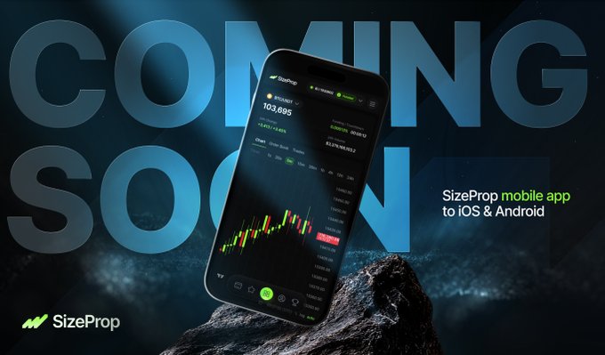 A smartphone displaying the SizeProp trading interface—showing the BTC/USDT chart at 103,895 (+3.33%/+3,425)—emerges from rocky terrain against a "COMING SOON" backdrop, promoting the SizeProp mobile app's upcoming release on iOS and Android.