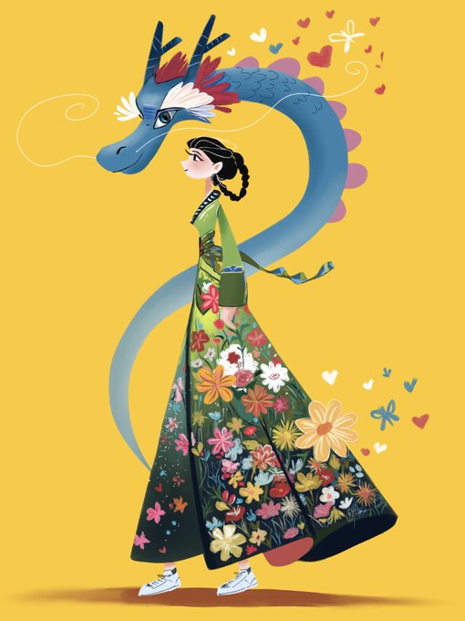 A colorful illustration of a girl in a floral dress and green jacket standing next to a large, friendly blue dragon against a yellow background with hearts.