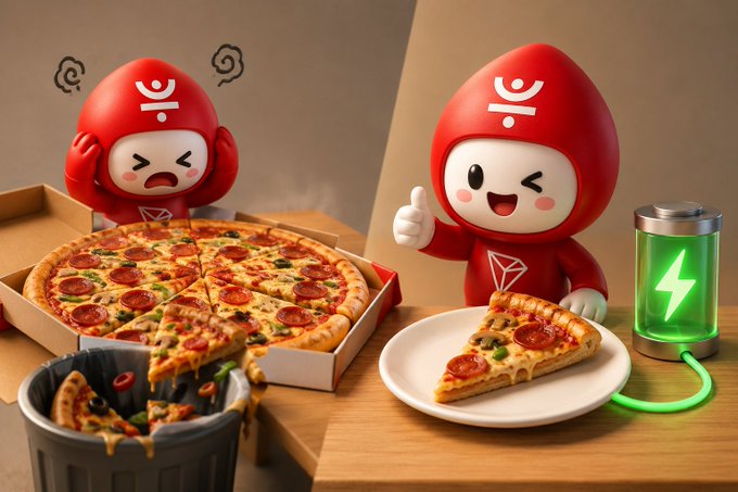 Two red mascot-like characters react to a pizza meal, with an open pizza box, a slice on a plate, a trash bin, and a green battery icon showing a lightning bolt.