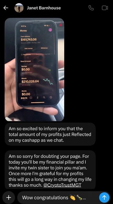 A screenshot of a text message from 'Janet Barnhouse' claims profits on Cash App, mentioning 'CryptoTrustMGT' and an account balance of $161,743.06, typical of a crypto scam.