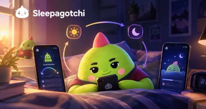 Promotional image for the "Sleepagotchi" app featuring a green mascot character lying in bed, with phones displaying "Good Morning" and nighttime sleep tracking screens.