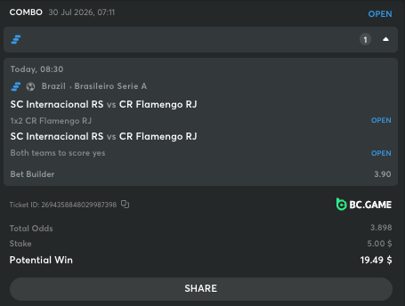 A mobile sports betting receipt from BC.GAME for a COMBO bet placed on July 30, 2026, showing a 1x2 wager on 'SC Internacional RS vs CR Flamengo RJ' with total odds of 3.898 and a potential win of 19.49 $.