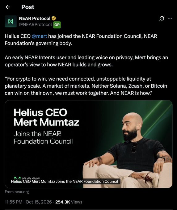 A social media post from NEAR Protocol (@NEARProtocol) announces that Helius CEO Mert Mumtaz has joined the NEAR Foundation Council, featuring a photo of Mert Mumtaz.