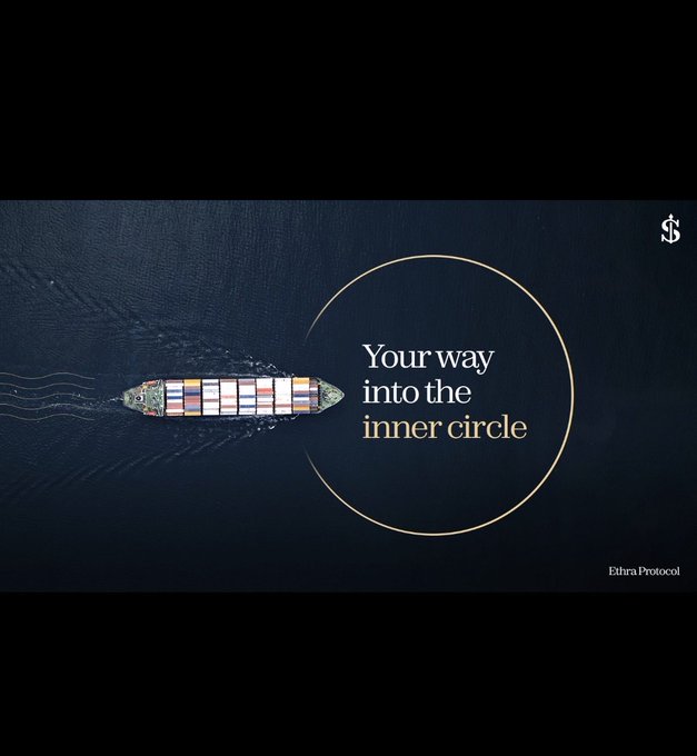 An aerial view of a container ship sailing through dark waters, overlaid with the text "Your way into the inner circle" encircled by a gold ring, with the Ethra Protocol logo and dollar sign symbol, visually representing the maritime shipping assets ($30M-$120M valuation) being tokenized for onchain liquidity access mentioned in the post.
