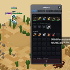 A screenshot from an idle game shows an inventory menu for tools, ore, and parts, with "World Tree" and "Buy 10x" visible in the isometric game world.